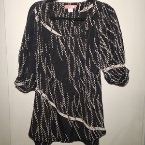 Lux Silk Tunic Blouse Womens Large Black Cream Vine Print Excellent Puff Sleeve